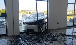 Otomobiller hızını alamayıp iki ayrı kapıdan iş yerine girdi!