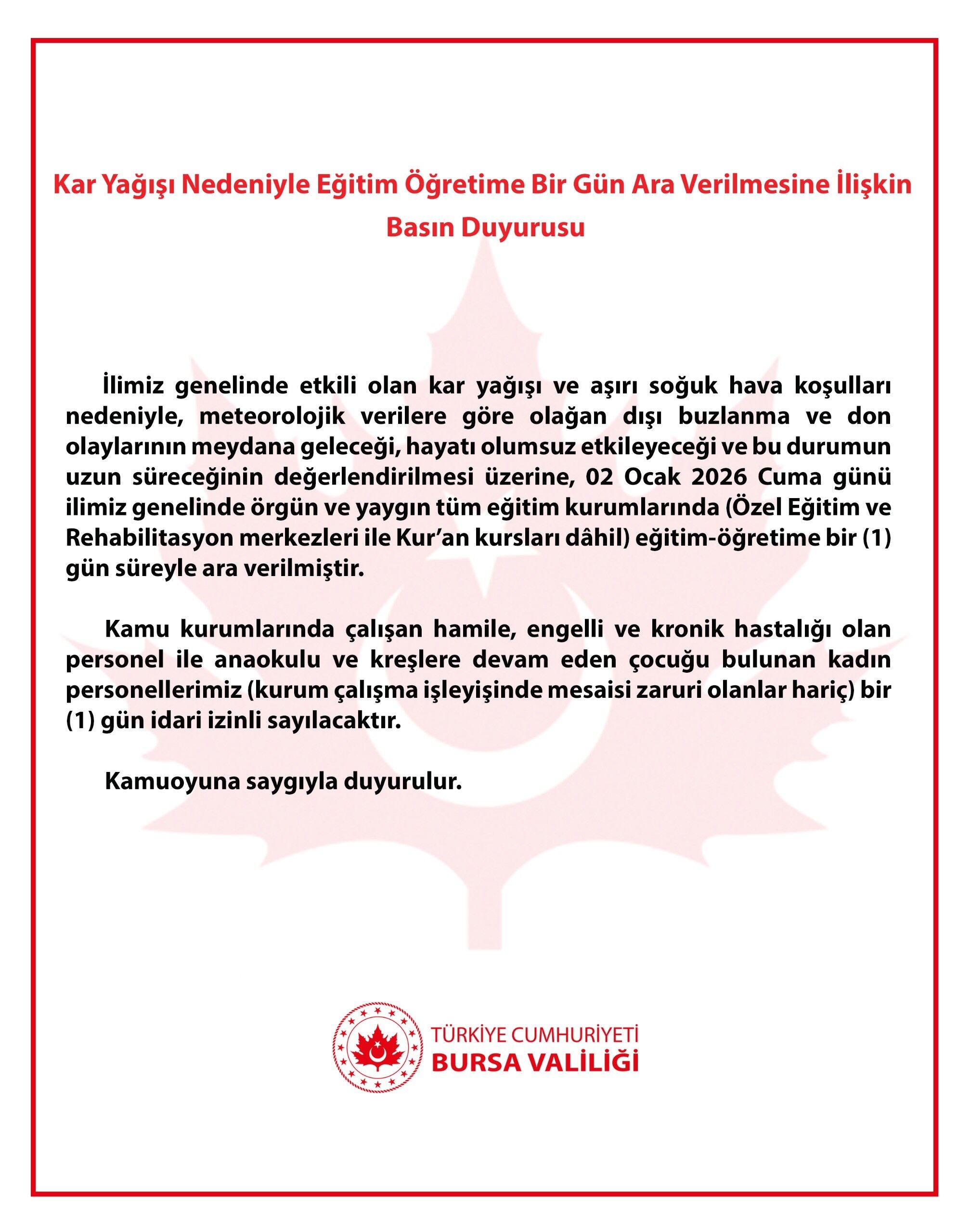 Bursa'da Eğitime Kar Engeli