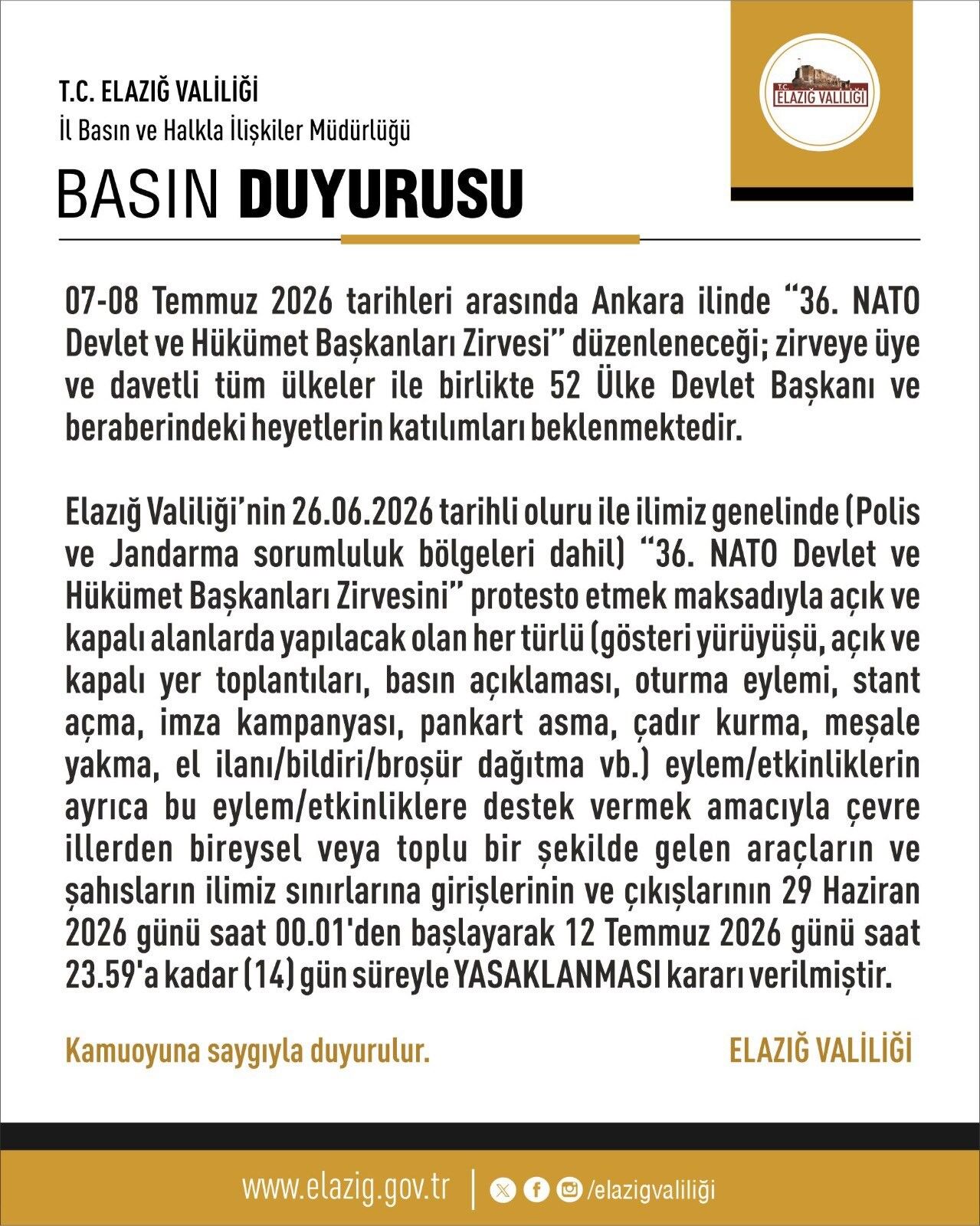Elazığ'da 14 Günlük Eylem Yasağı